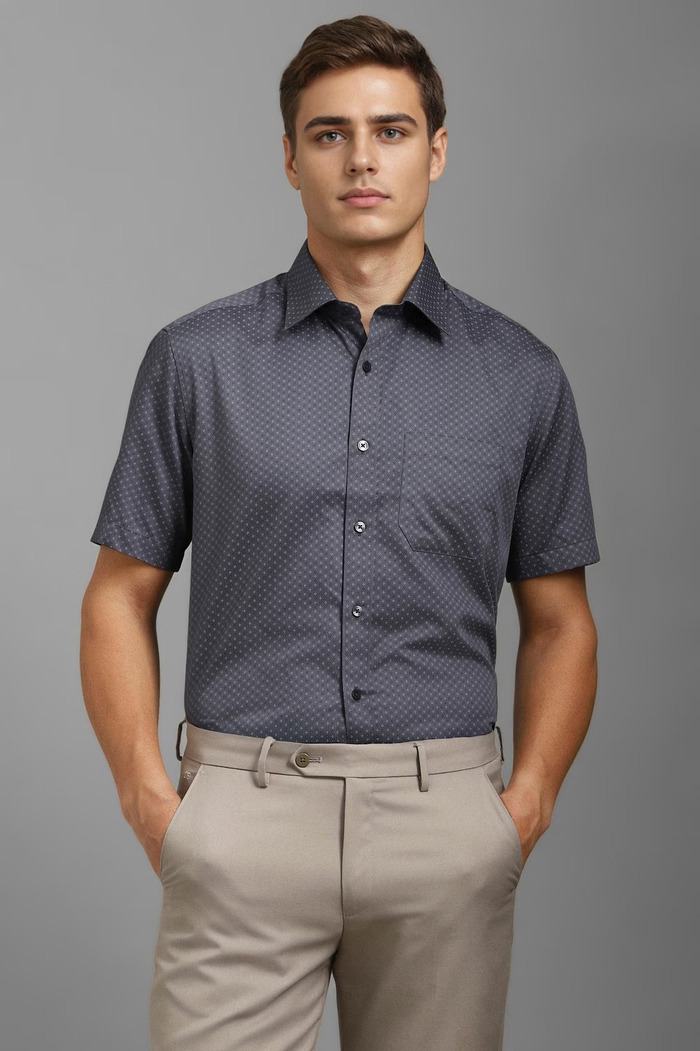 Men Grey Classic Fit Print Half Sleeves Formal Shirt-Grey