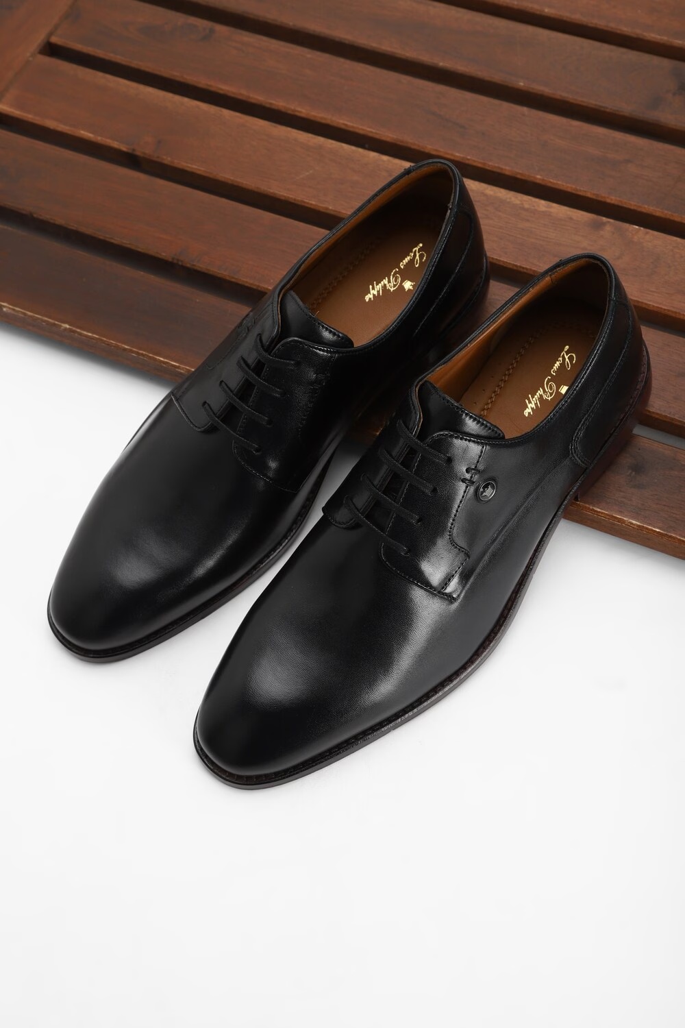 Men Black Leather Derby Shoes-Black
