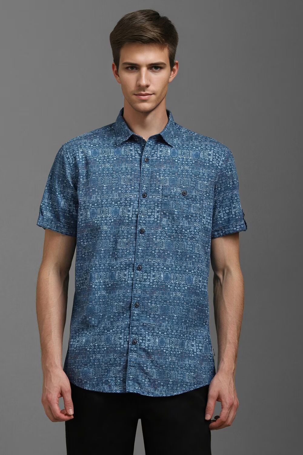 Men Blue Slim Fit Print Half Sleeves Casual Shirt-Blue