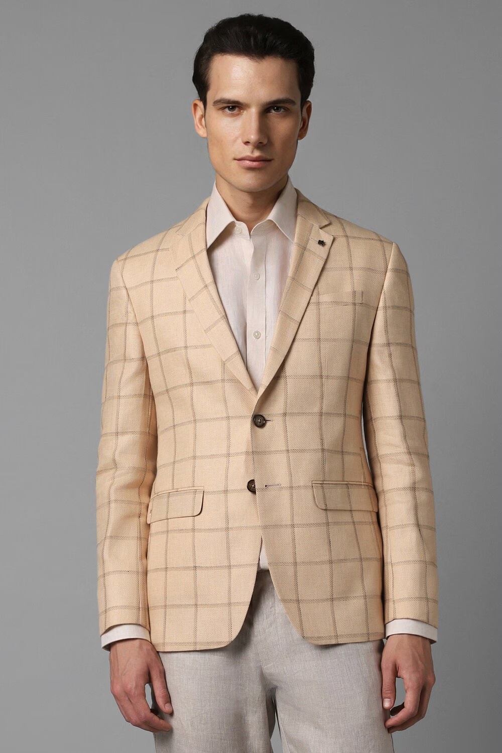 Men Beige Slim Fit Check Formal Blazer-Beige