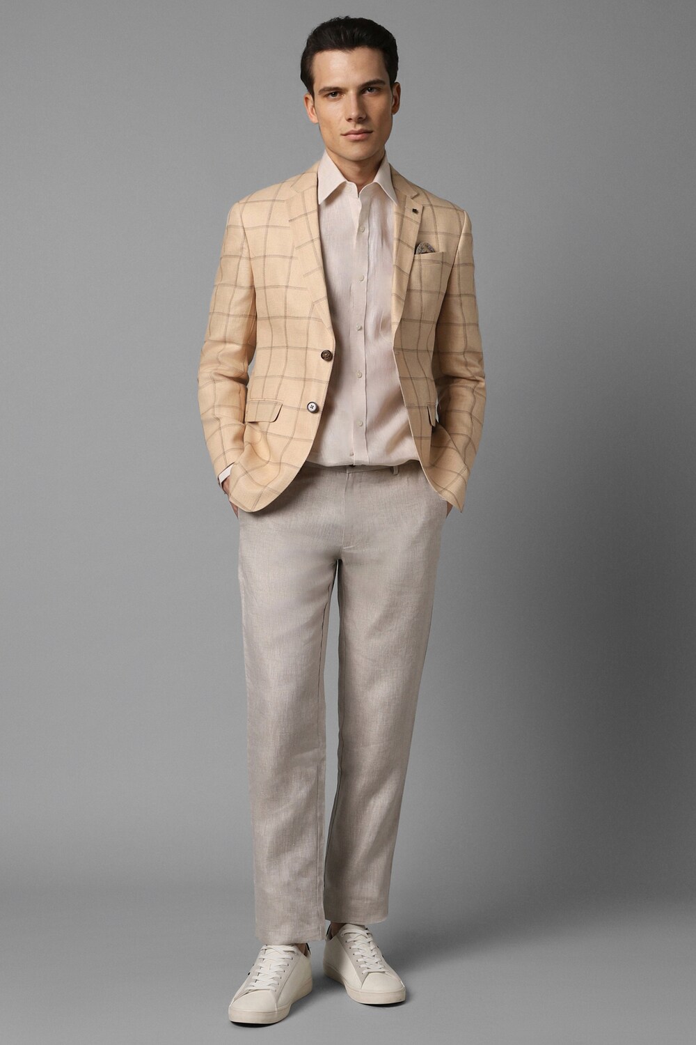Men Beige Slim Fit Check Formal Blazer-Beige