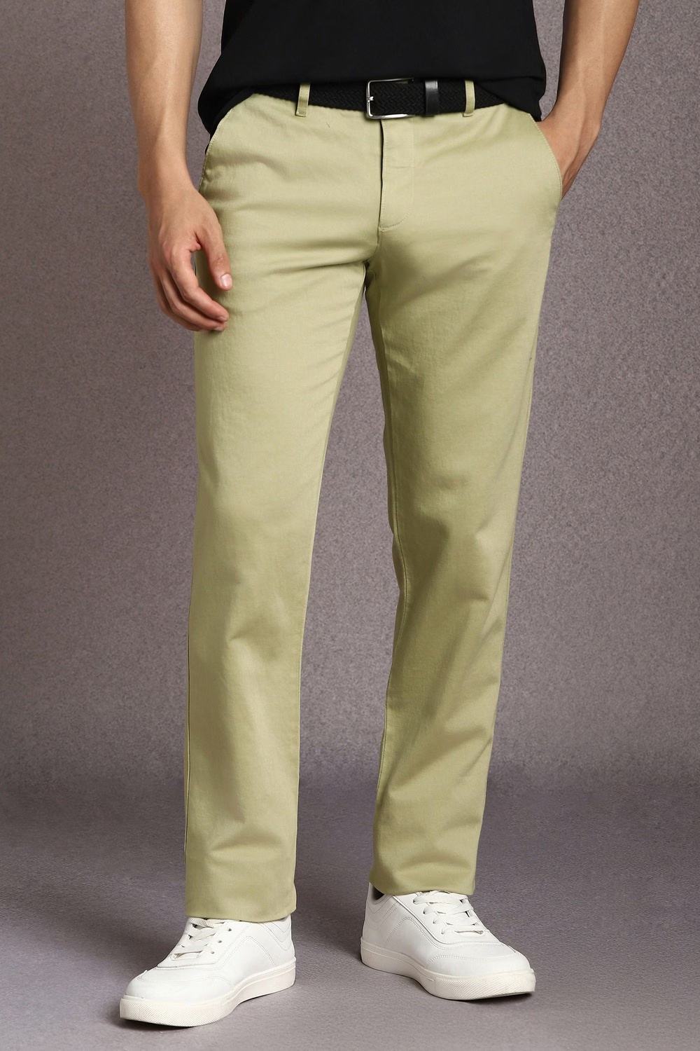 Men Olive Textured Flat Front Casual Trousers-Olive