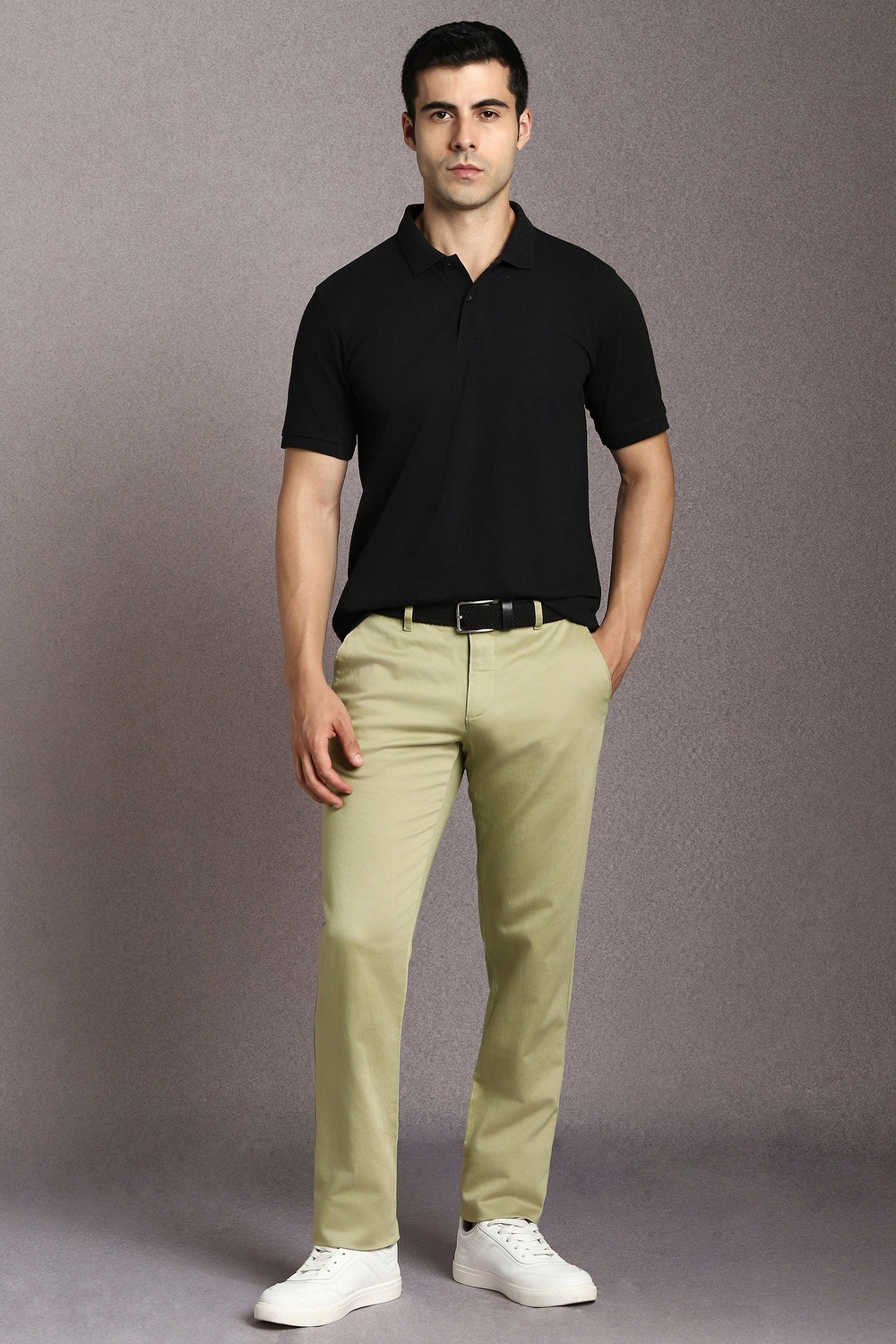 Men Olive Textured Flat Front Casual Trousers-Olive
