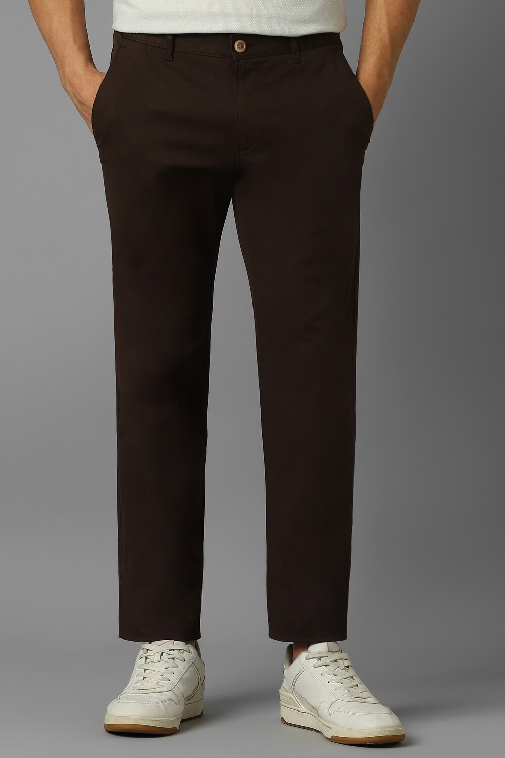 Men Brown Slim Fit Textured Flat Front Casual Trousers-Brown