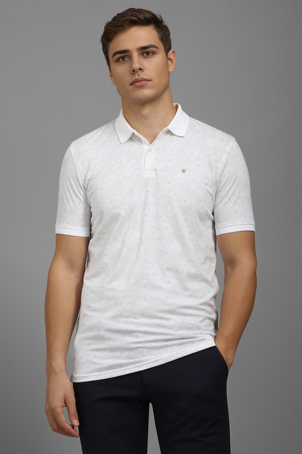 Men White Print Polo Neck T-shirt-White