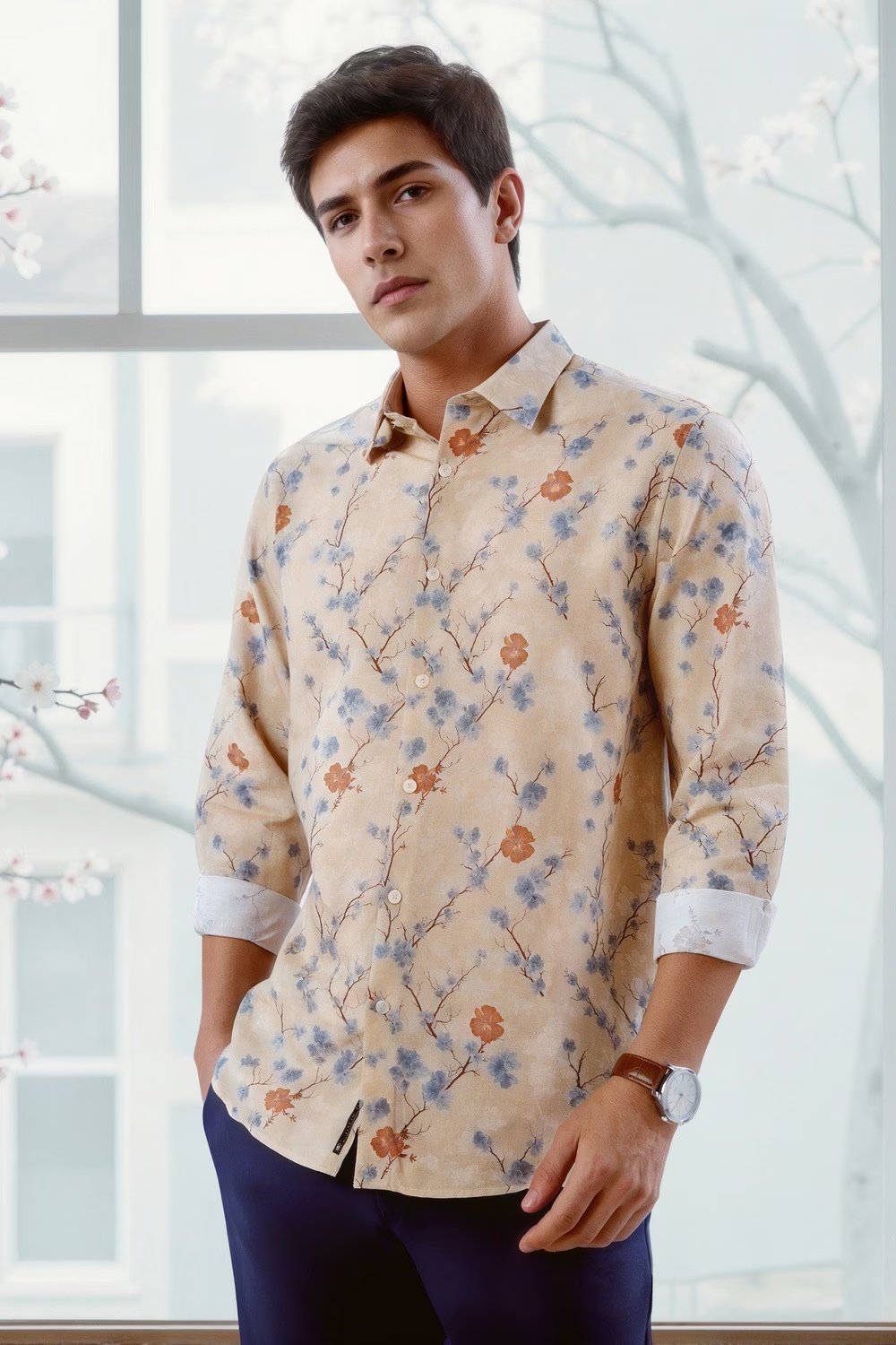 Men Beige Slim Fit Print Full Sleeves Formal Shirt-Beige