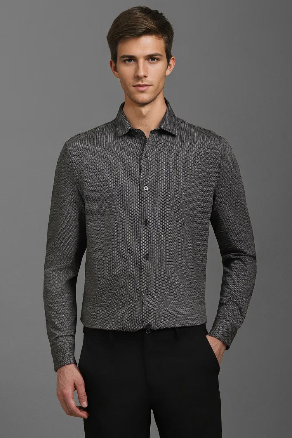 Men Grey Slim Fit Print Full Sleeves Formal Shirt-Grey