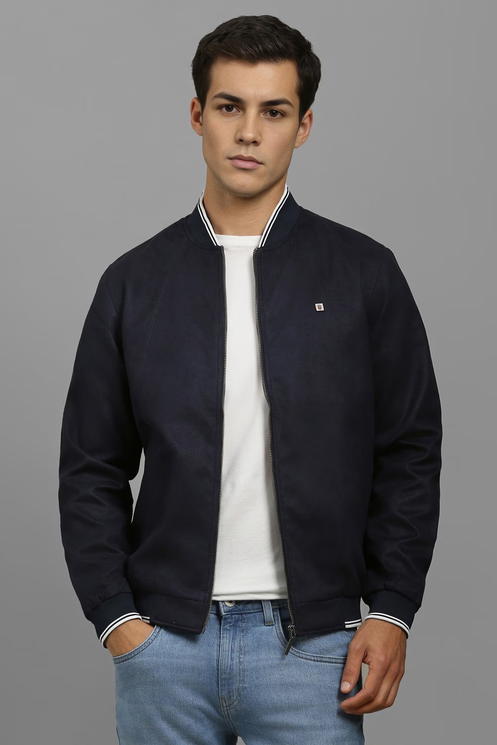 Men Casual Navy Solid Jackets-Navy