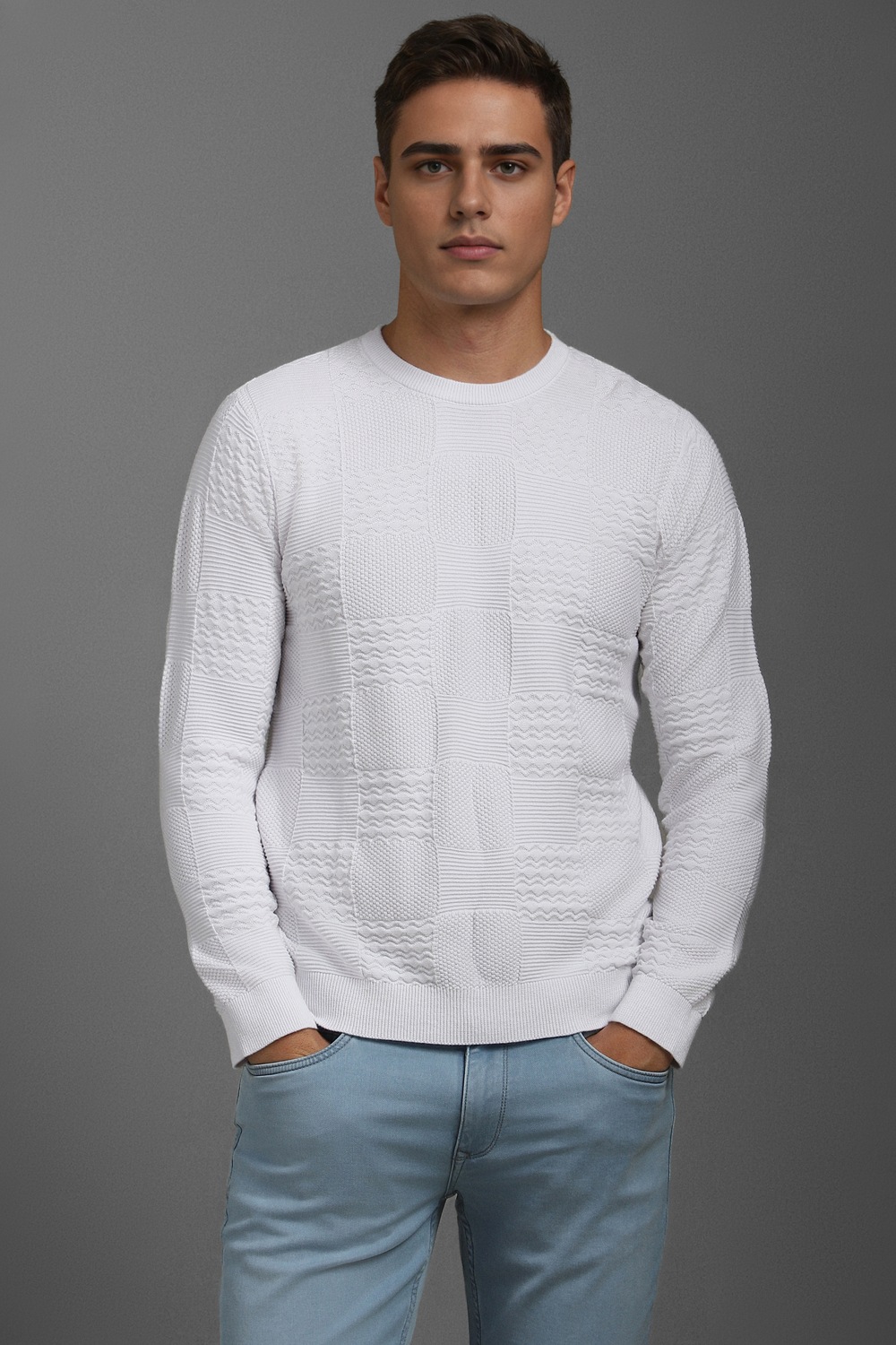 Men White Textured Crew Neck Full Sleeves Sweater-White