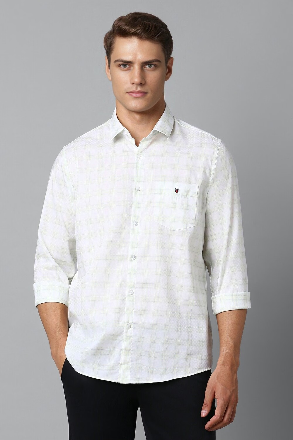 Men White Slim Fit Check Full Sleeves Casual Shirt-White