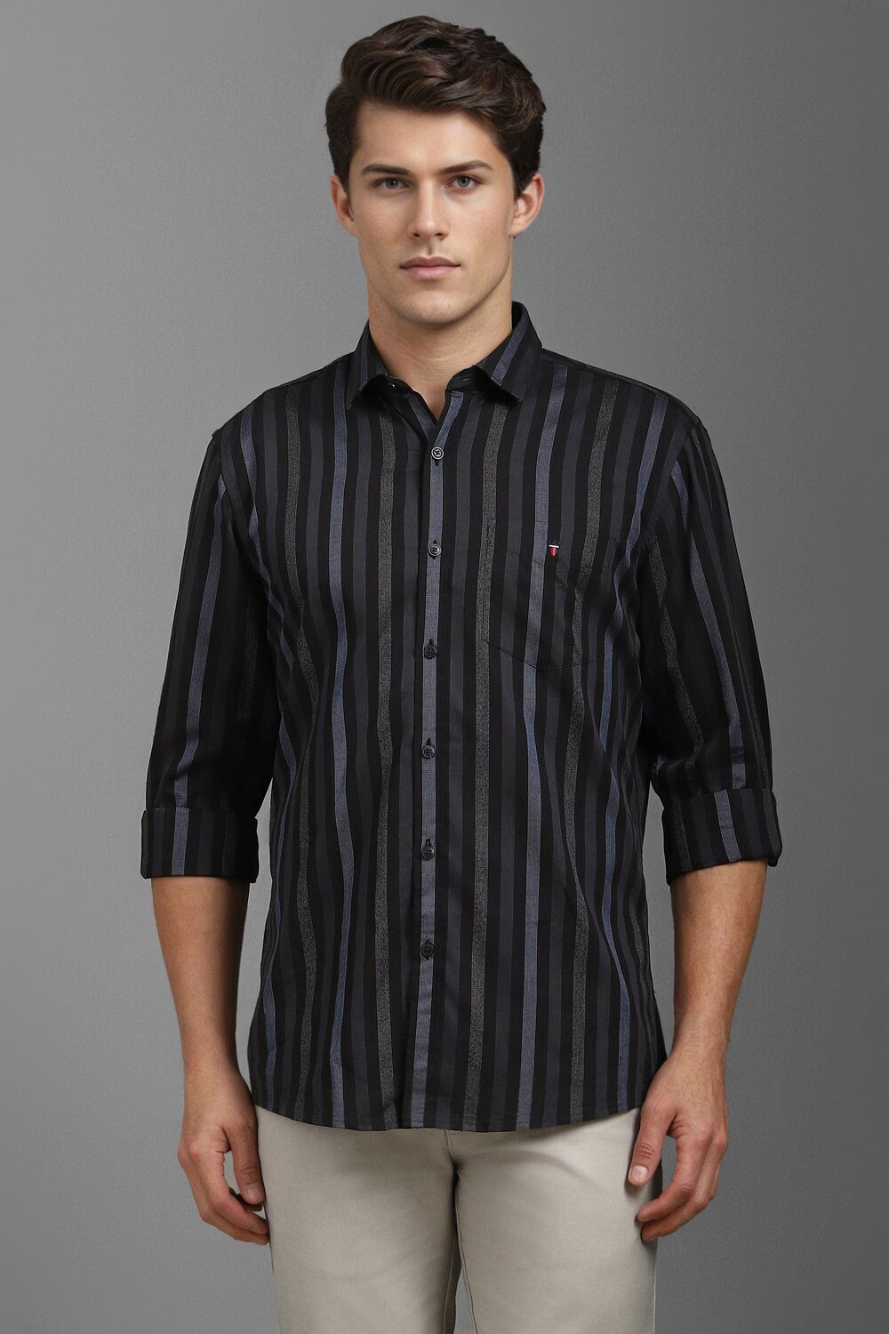 Men Black Slim Fit Stripe Full Sleeves Casual Shirt-Black