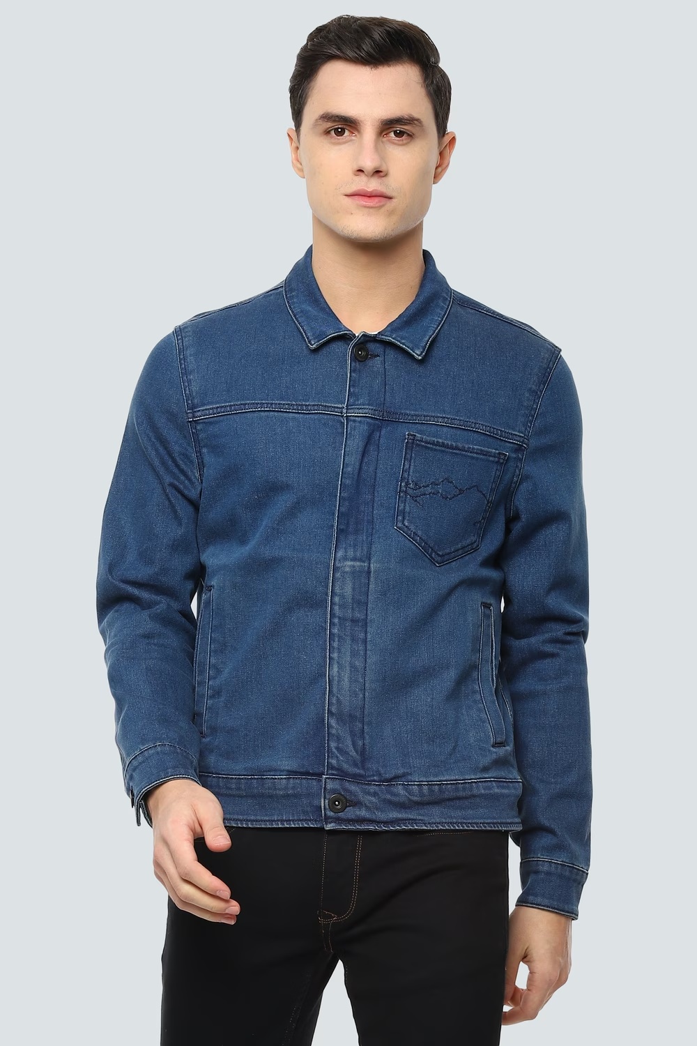 Men Casual Blue Solid Jackets-Blue