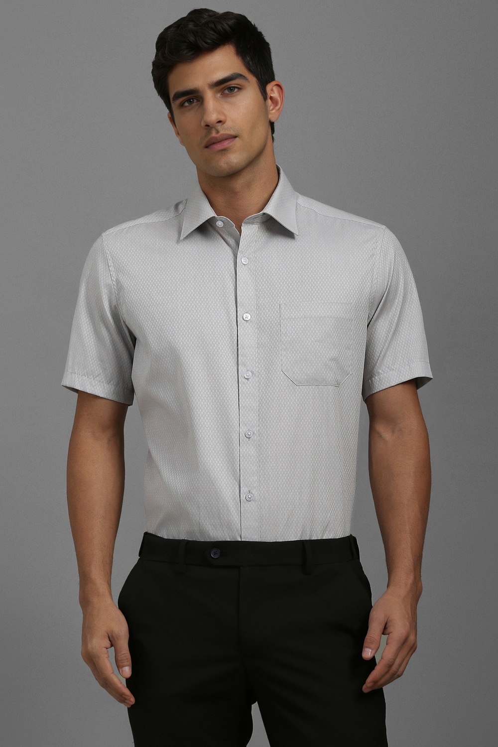 Men Grey Classic Fit Textured Half Sleeves Formal Shirt-Grey