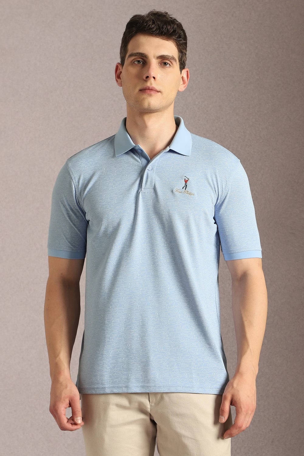 Men Light Blue Print Polo Neck T-shirt-Light Blue