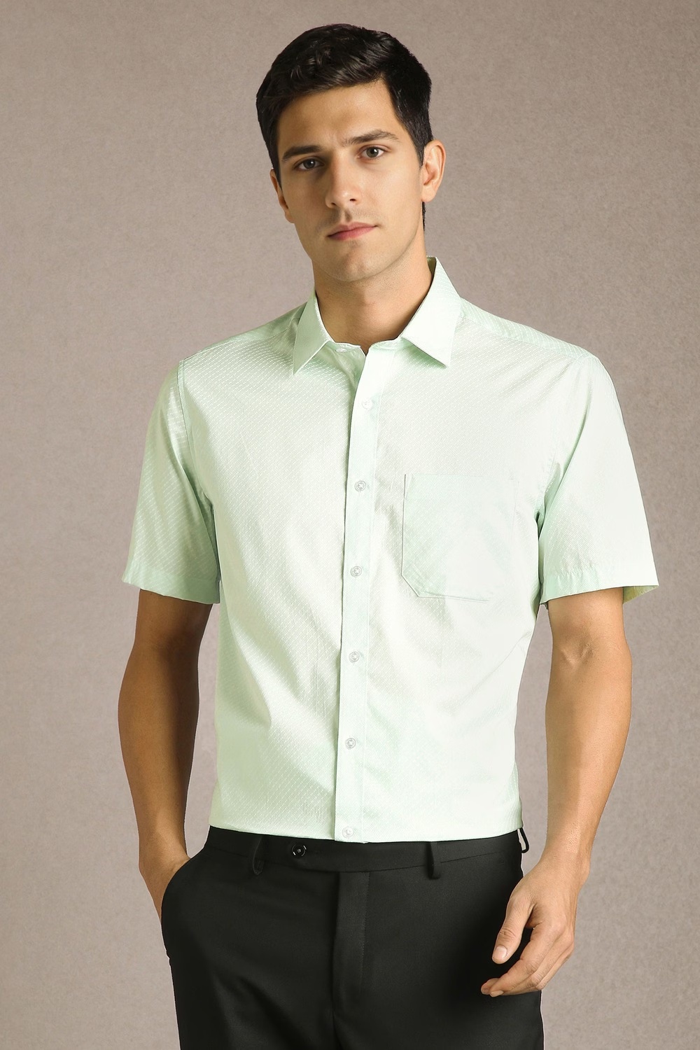 Men Green Textured Half Sleeves Formal Shirt-Green
