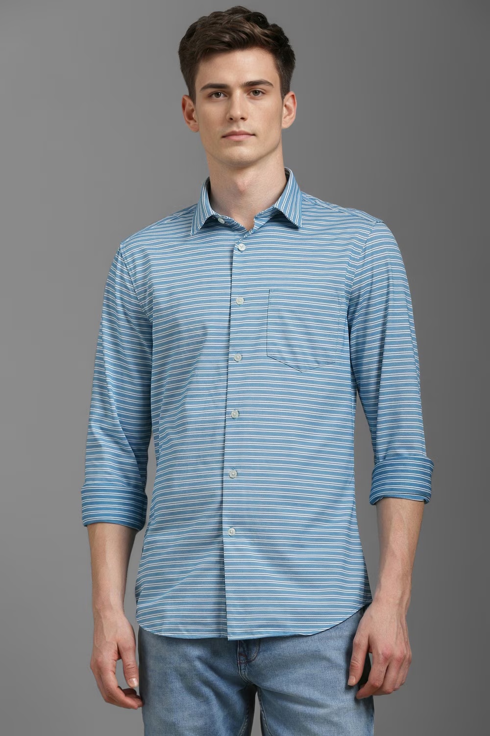Men Blue Slim Fit Stripe Full Sleeves Formal Shirt-Blue