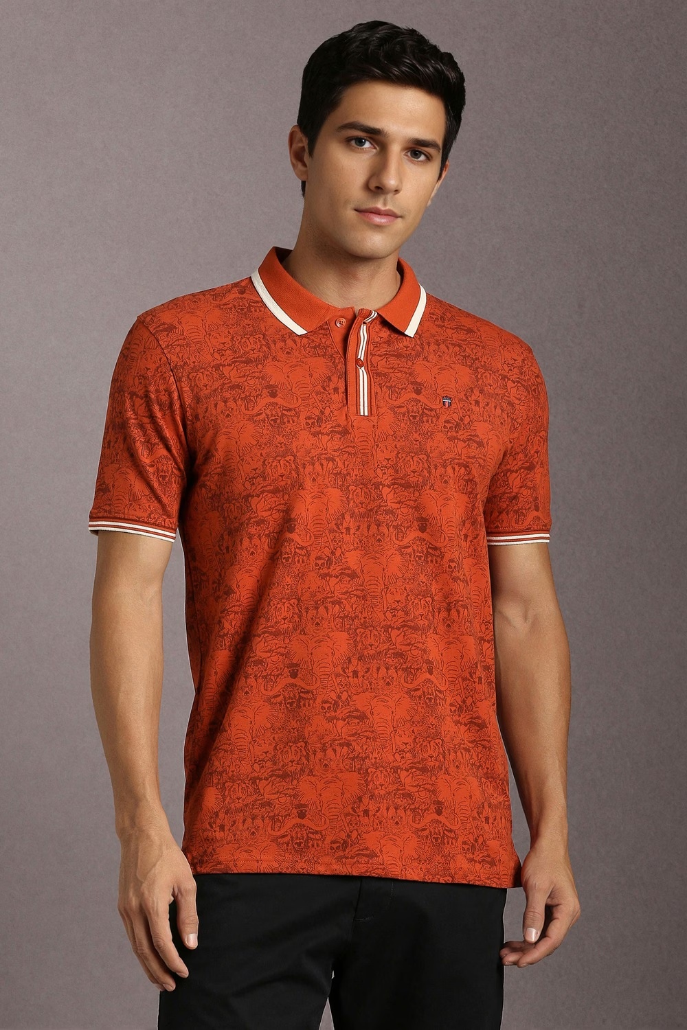Men Orange Print Polo Neck T-shirt-Orange