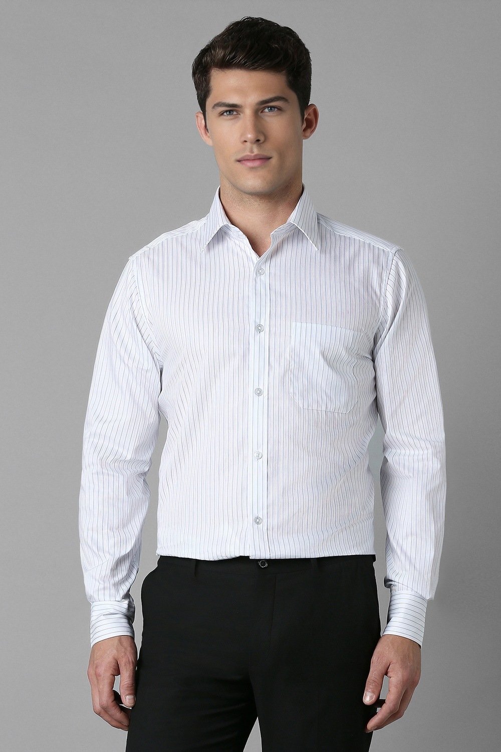 Men White Stripe Full Sleeves Formal Shirt-White
