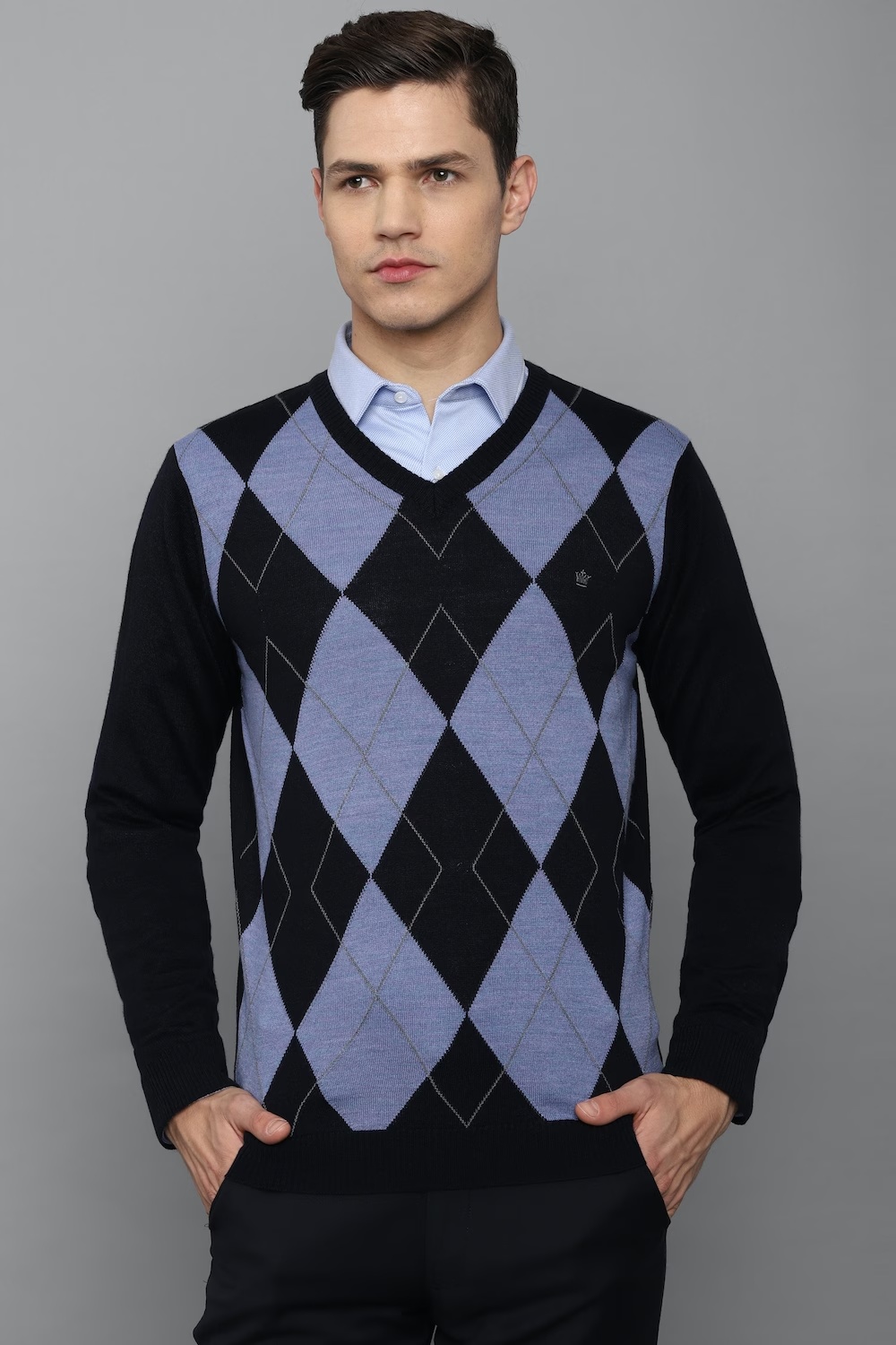 Men Black Check V Neck Full Sleeves Sweater-Black