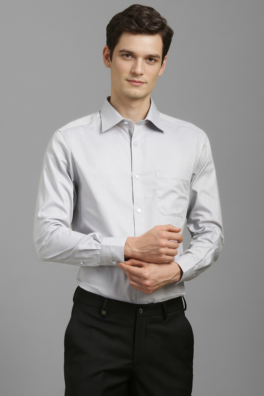 Men Grey Classic Fit Textured Full Sleeves Formal Shirt-Grey