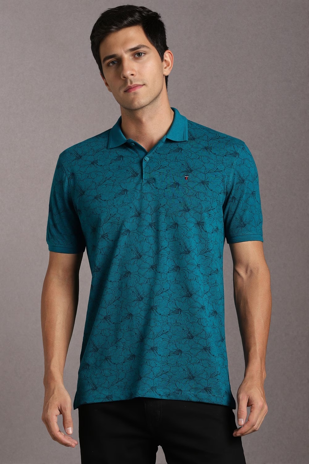 Men Blue Print Polo Neck T-shirt-Blue