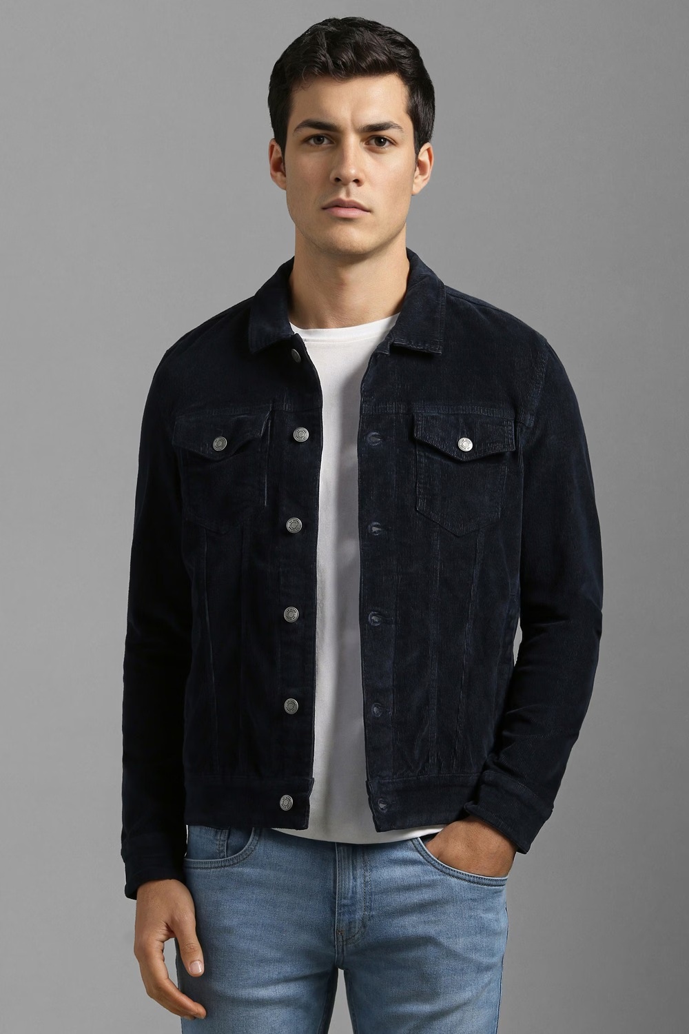 Men Casual Navy Solid Jackets-Navy
