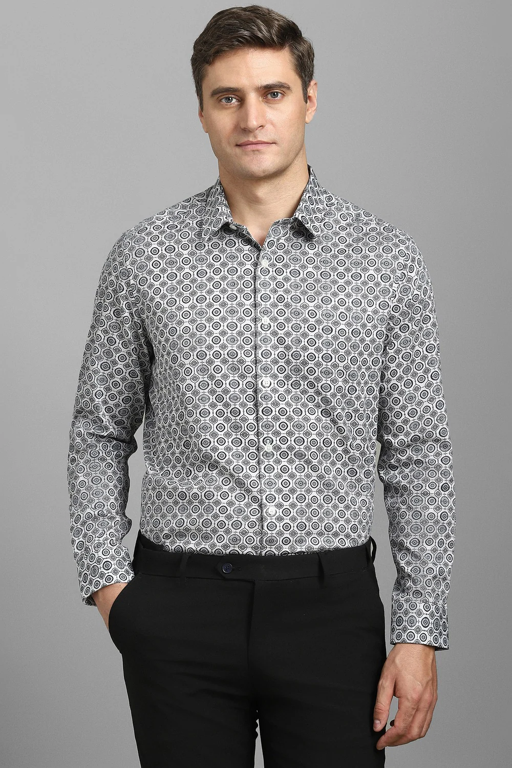 Men White Print Full Sleeves Formal Shirt-White