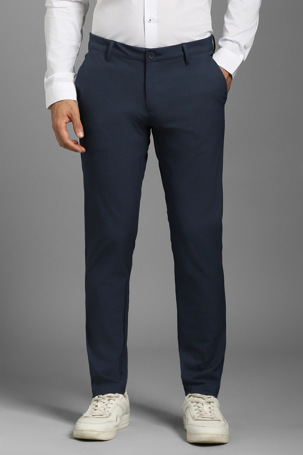Men Navy Solid Flat Front Casual Trousers-Navy