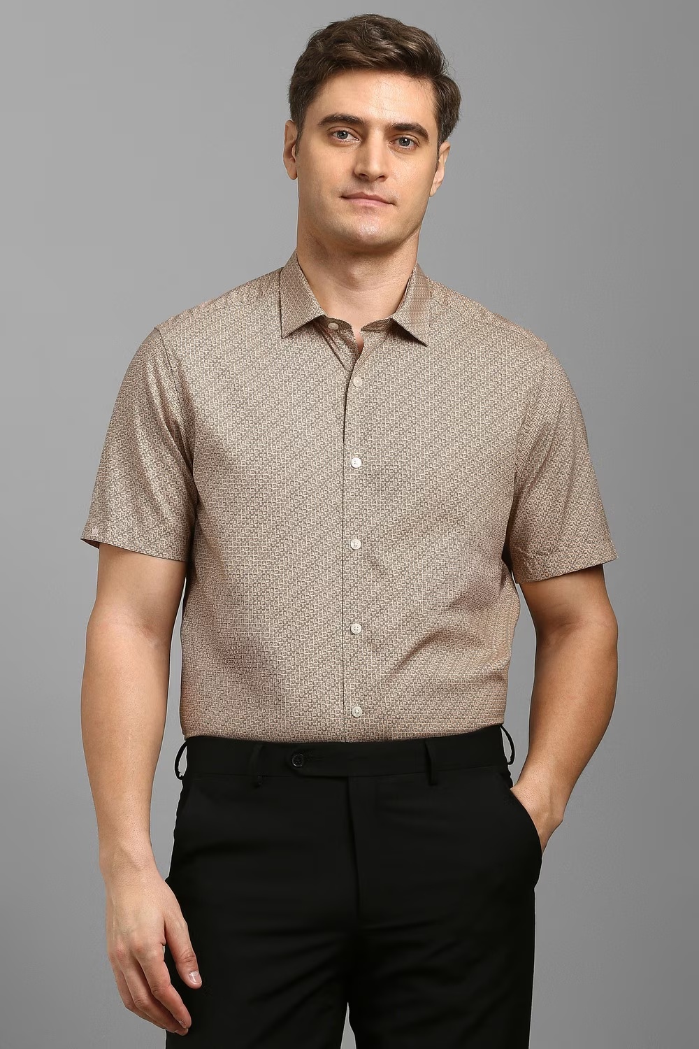 Men Brown Print Half Sleeves Formal Shirt-Brown