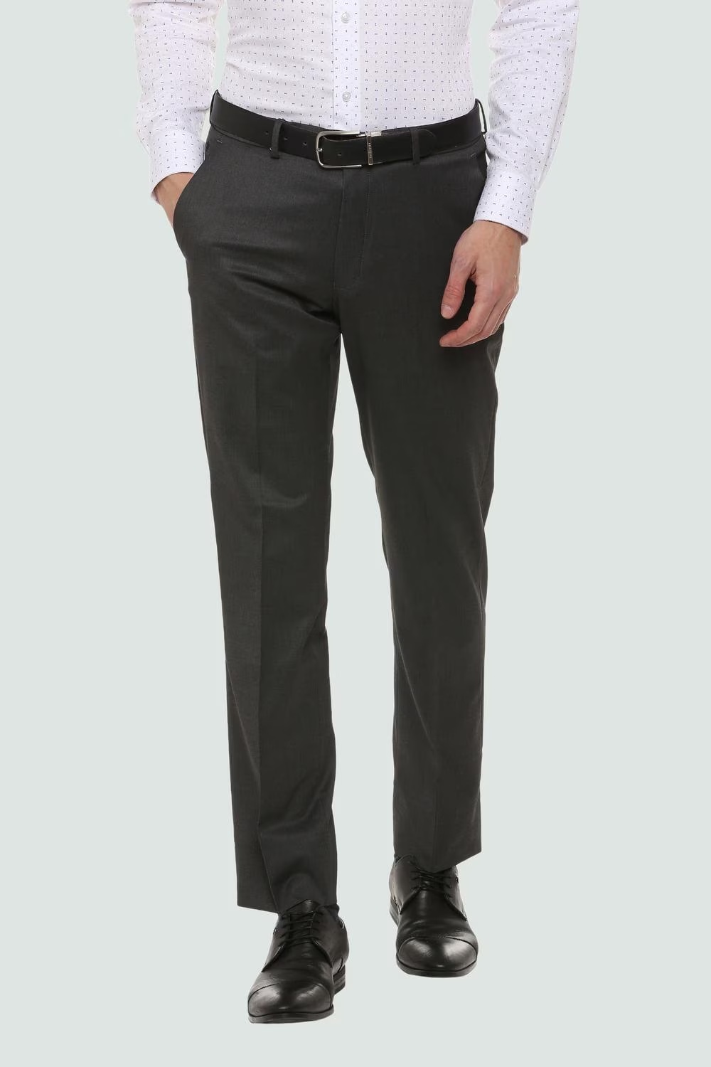 Men Grey Regular Fit Solid Flat Front Formal Trousers-Grey