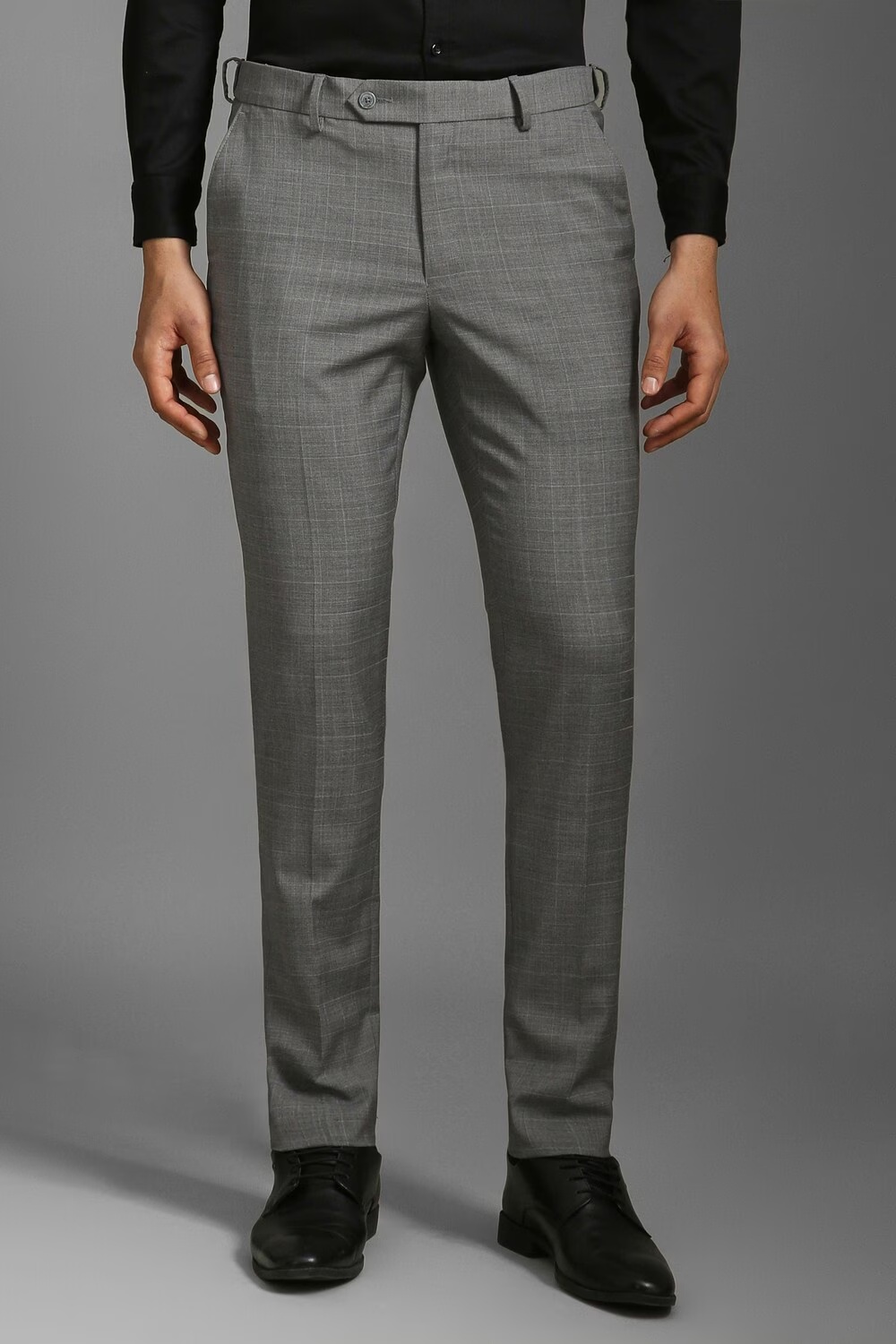 Men Grey Slim Fit Check Flat Front Formal Trousers-Grey