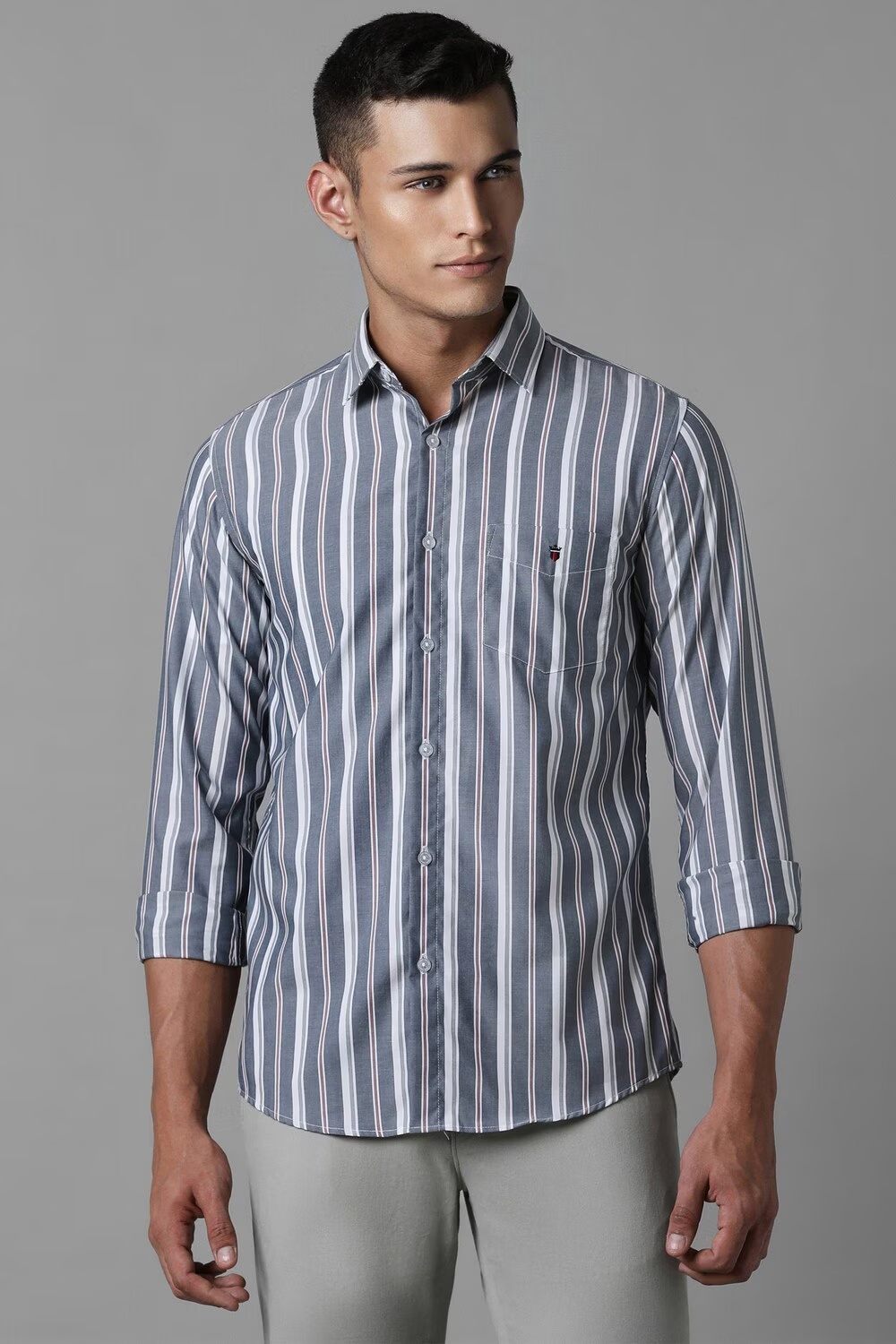 Men Grey Slim Fit Stripe Full Sleeves Casual Shirt-Grey