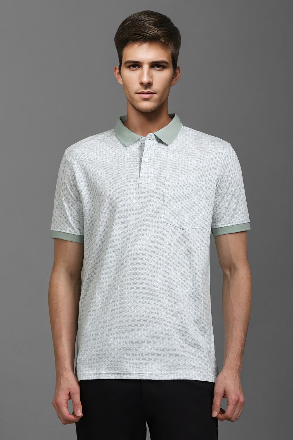 Men White Print Polo Neck T-shirt-White