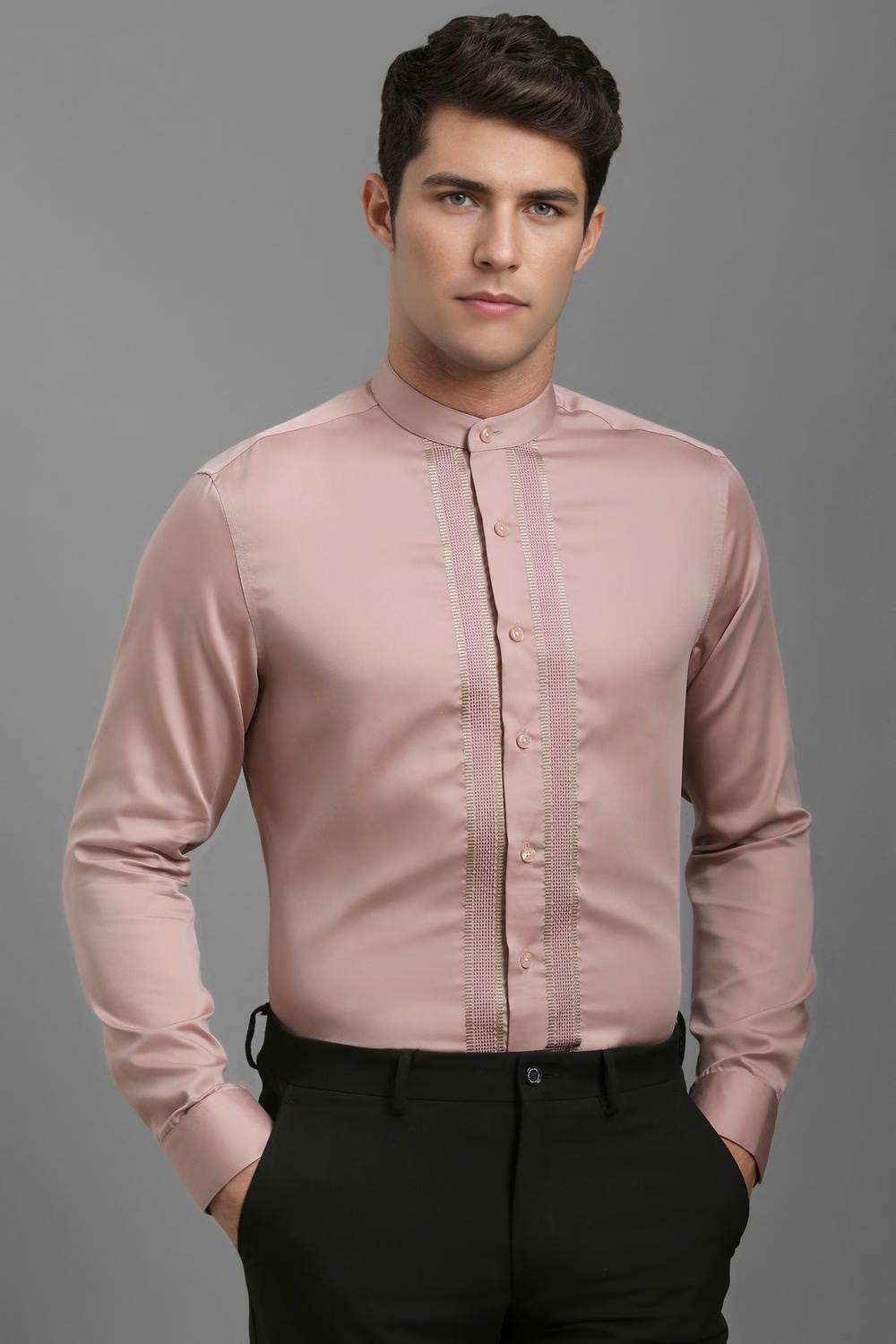 Men Peach Classic Fit Solid Full Sleeves Formal Shirt-Peach