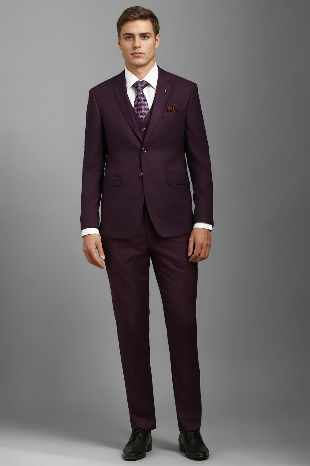 Men Purple Slim Fit Textured Formal Three Piece Suit-Purple