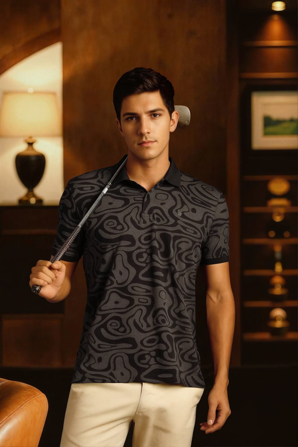 Men Black Print Polo Neck T-shirt-Black