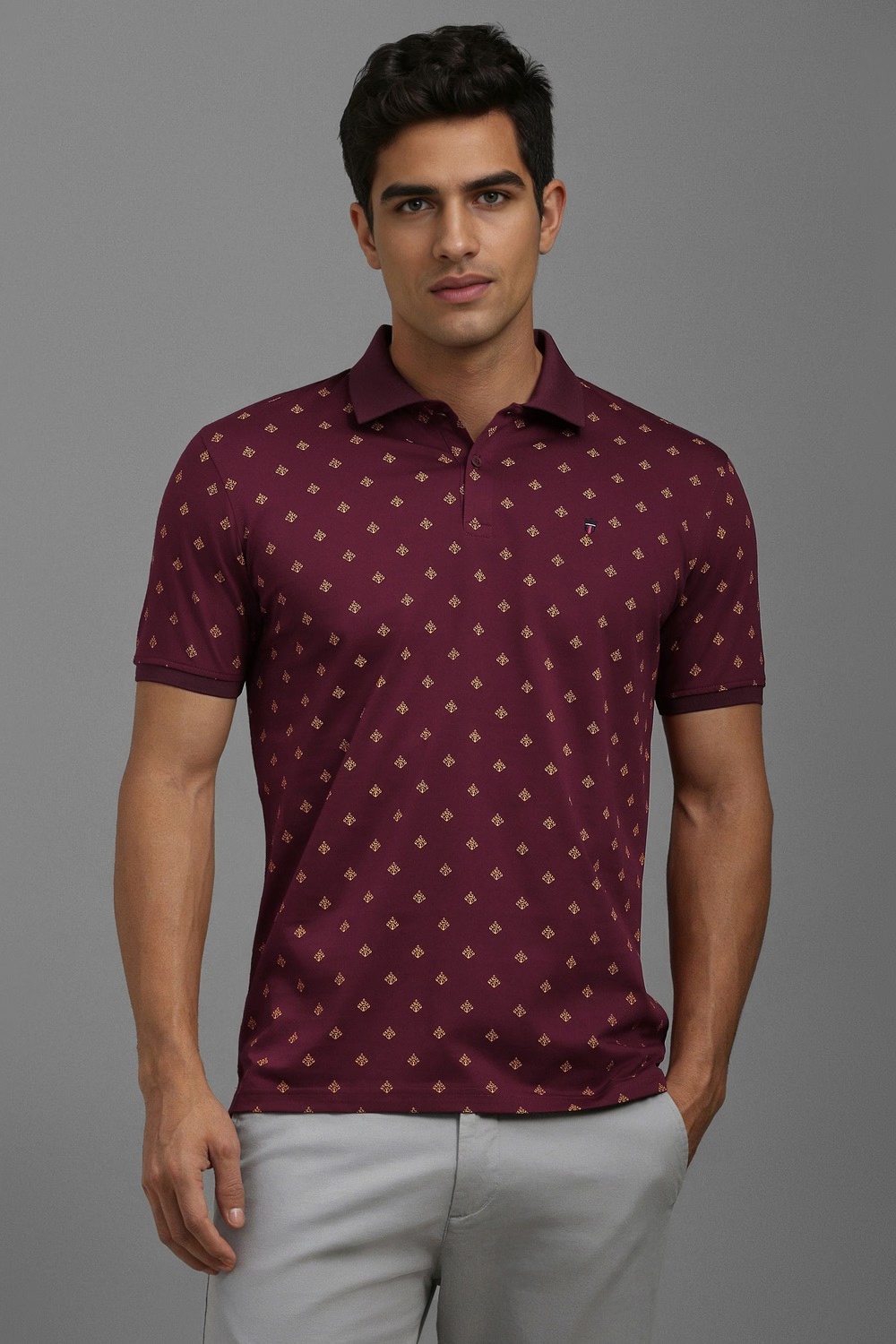 Men Maroon Print Polo Neck T-shirt-Maroon
