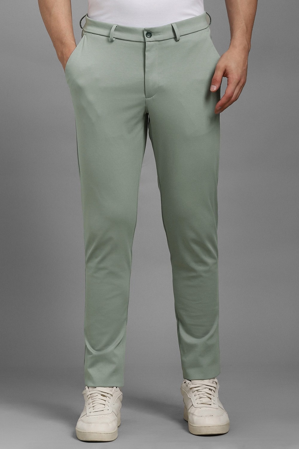 Men Green Solid Flat Front Formal Trousers-Green