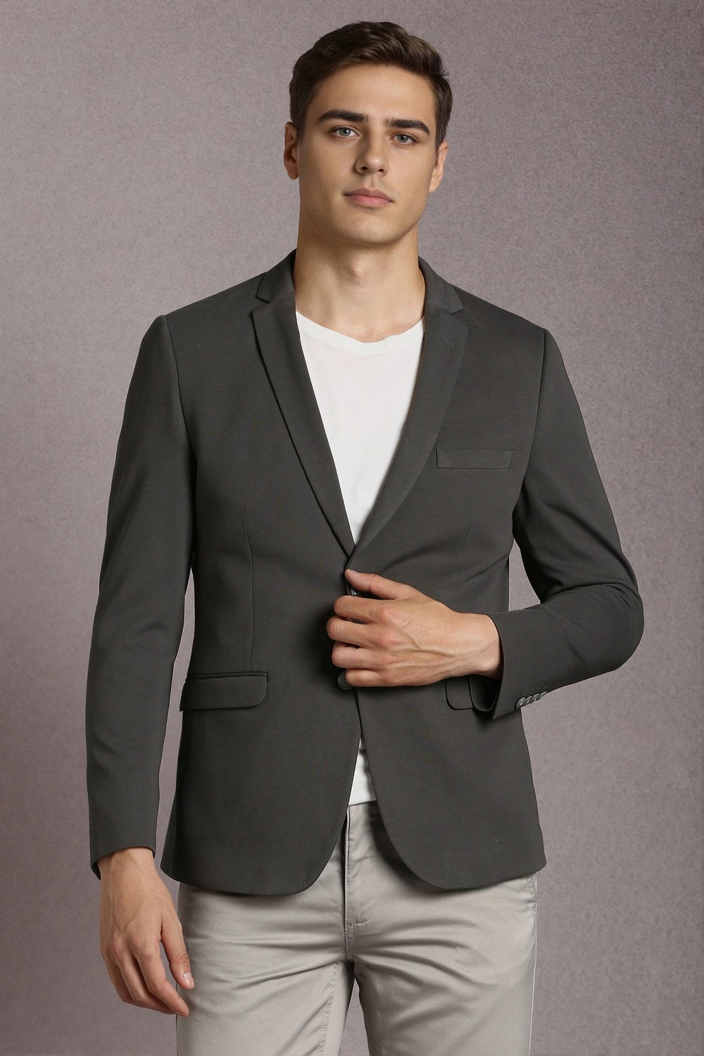 Men Grey Textured Casual Blazer-Grey