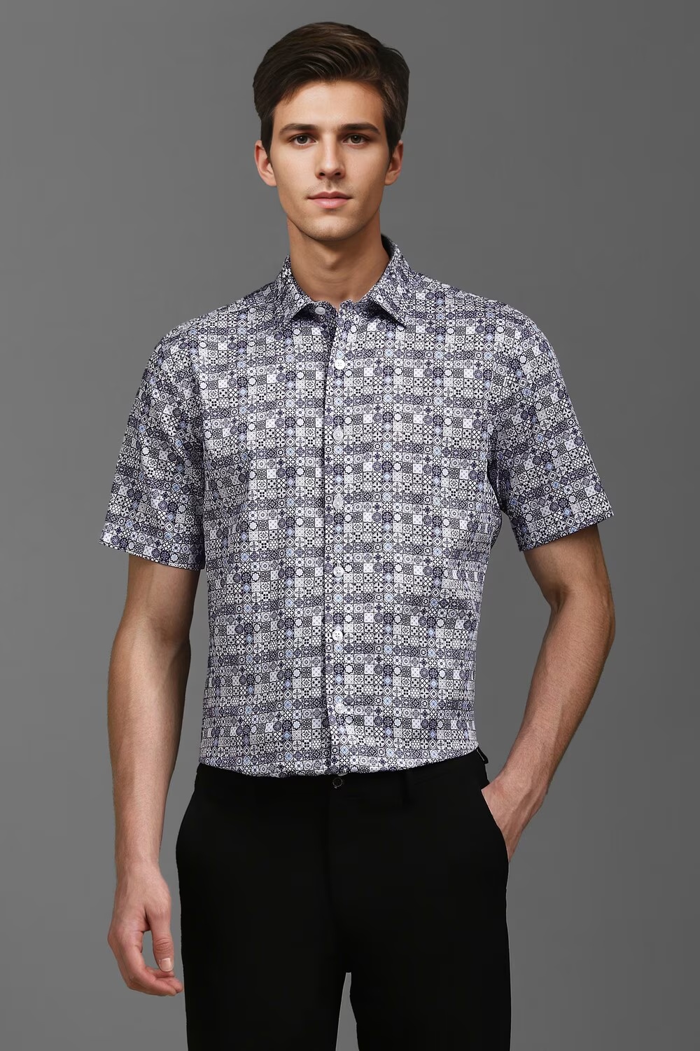 Men Navy Classic Fit Print Half Sleeves Formal Shirt-Navy