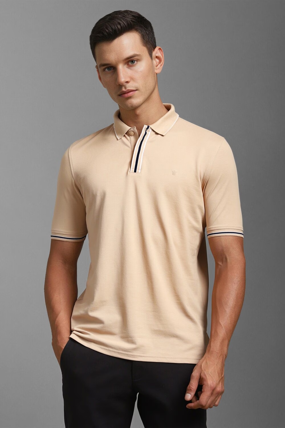 Men Beige Solid Polo Neck T-shirt-Beige