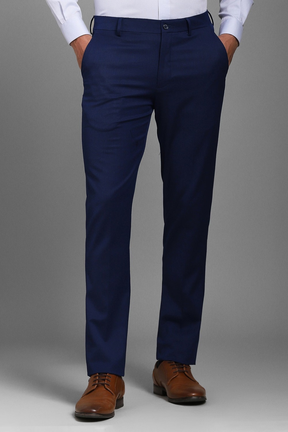 Men Blue Textured Flat Front Formal Trousers-Blue