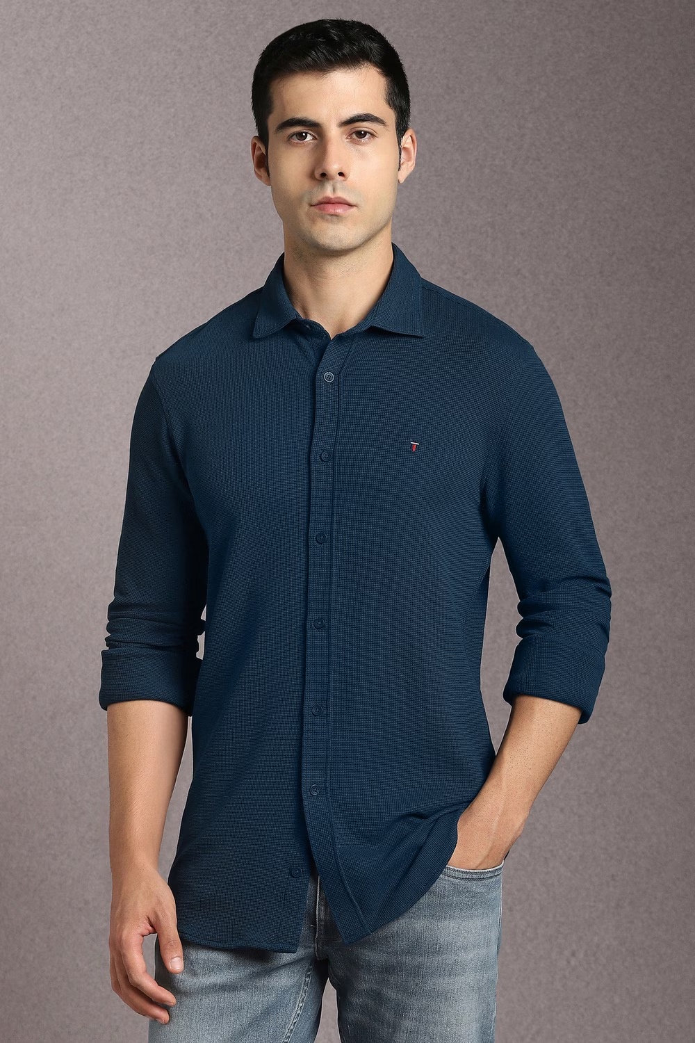 Men Navy Textured Full Sleeves Casual Shirt-Navy