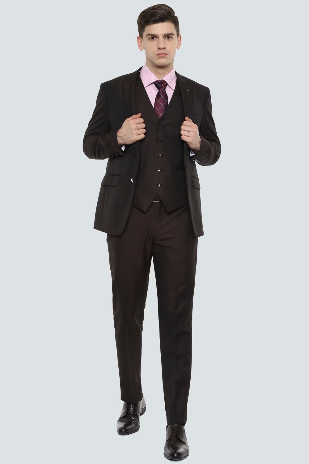 Men Brown Slim Fit Solid Formal Three Piece Suit-Brown