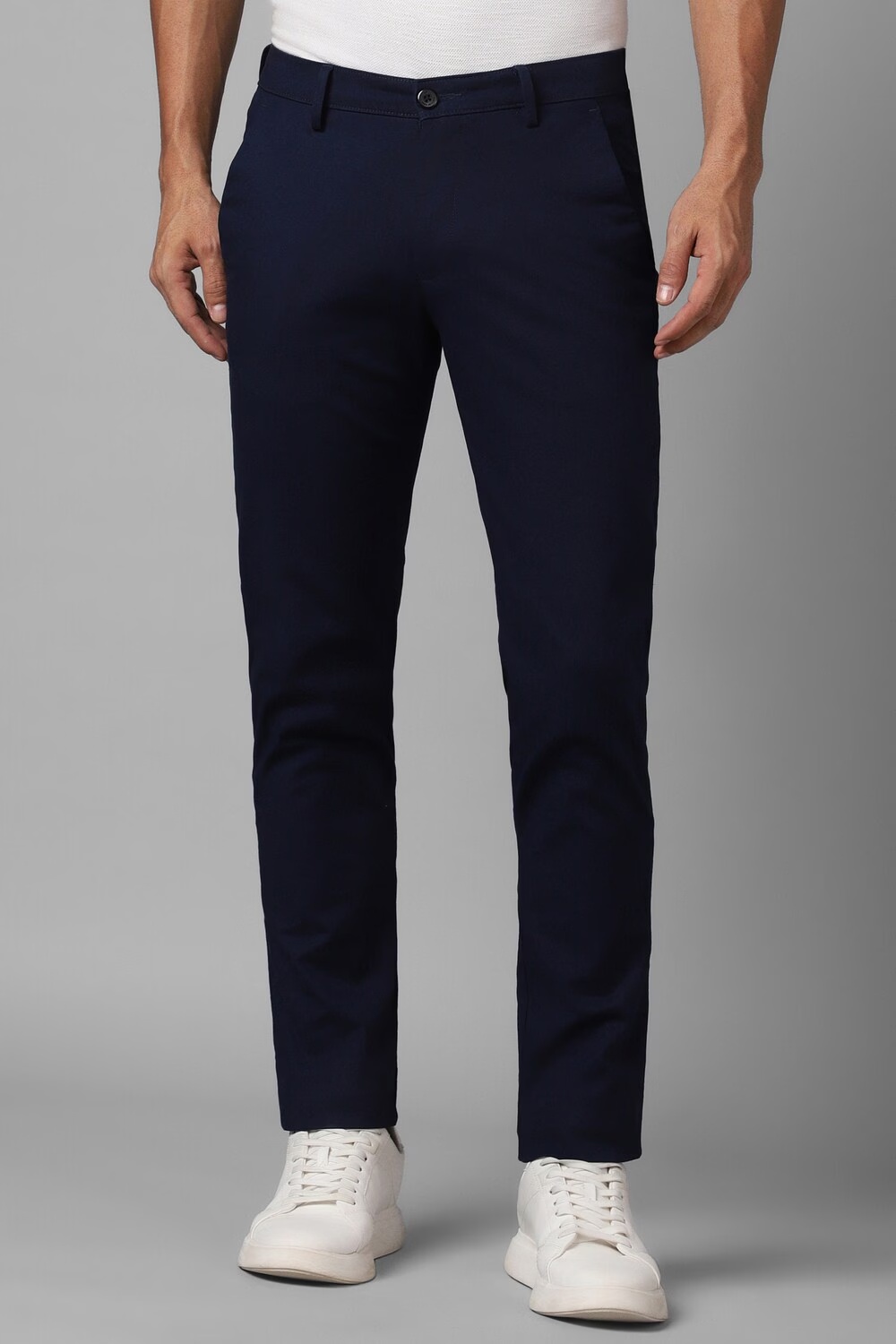 Men Navy Slim Tapered Fit Solid Flat Front Casual Trousers-Navy
