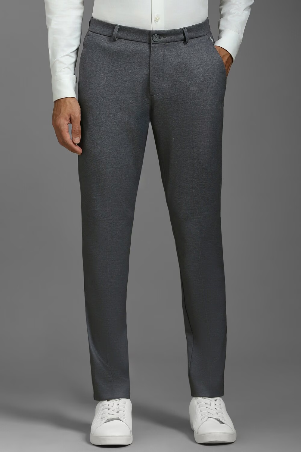 Men Grey Contemporary Fit Textured Flat Front Casual Trousers-Grey