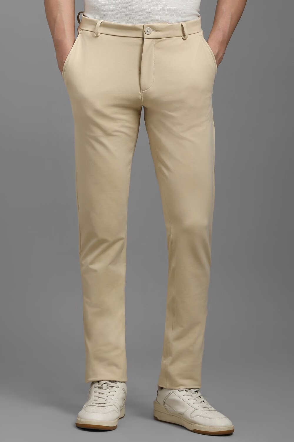 Men Beige Super Slim Fit Solid Flat Front Casual Trousers-Beige
