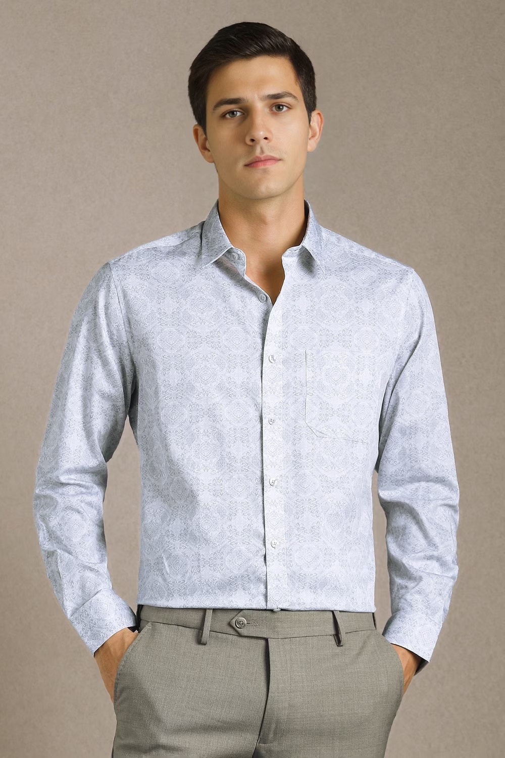 Men Grey Print Full Sleeves Formal Shirt-Grey