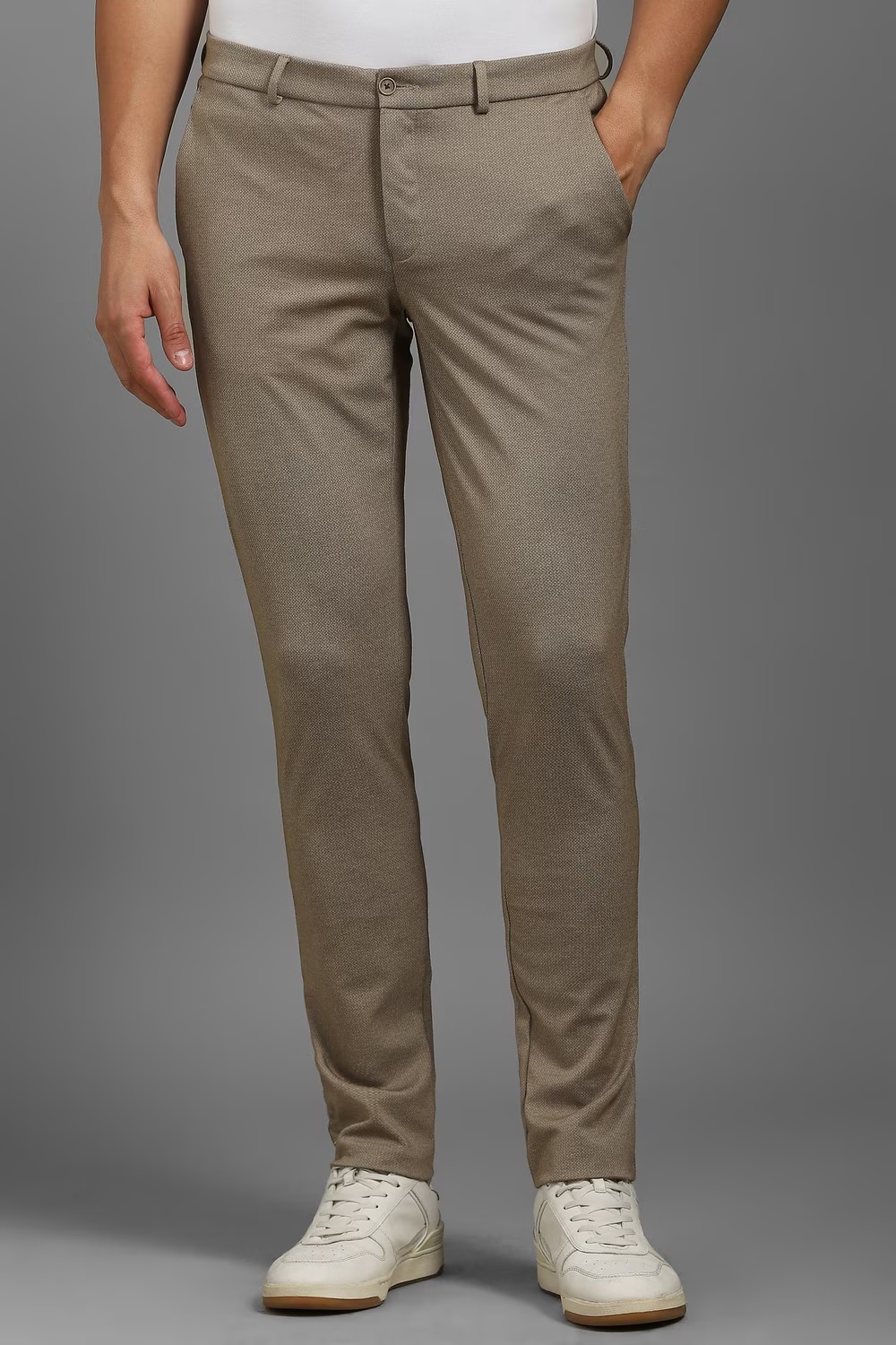 Men Beige Slim Fit Textured Flat Front Formal Trousers-Beige