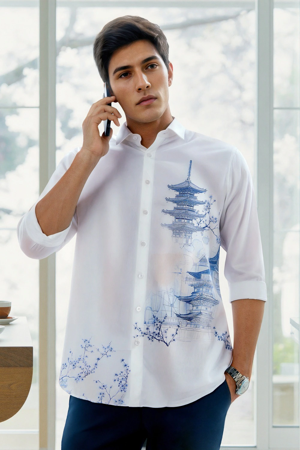 Men White Slim Fit Graphic Print Full Sleeves Formal Shirt-White